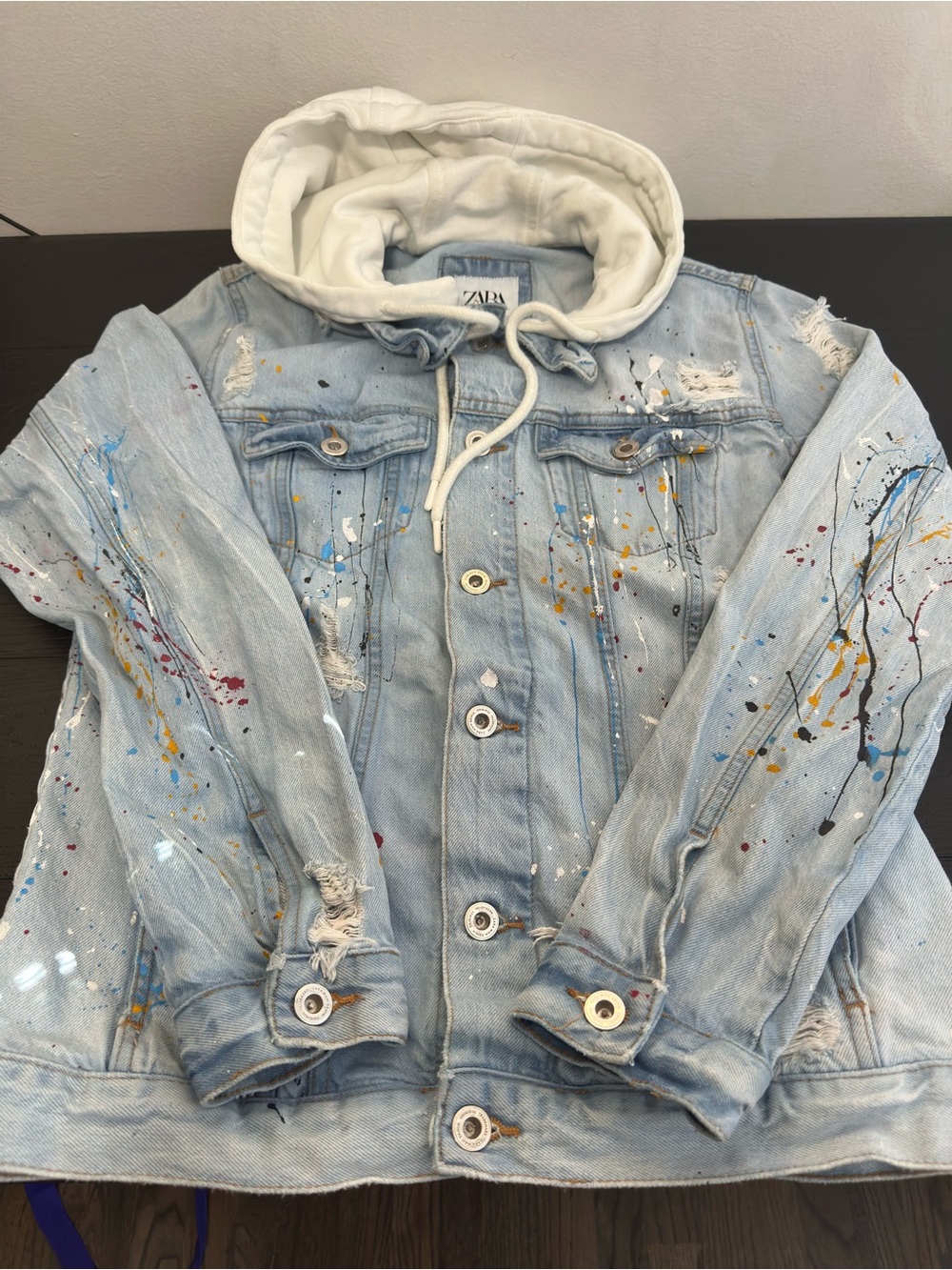 Zara Men's Paint Splatter Hooded Denim Jacket Size M Distressed Streetwear Indie
